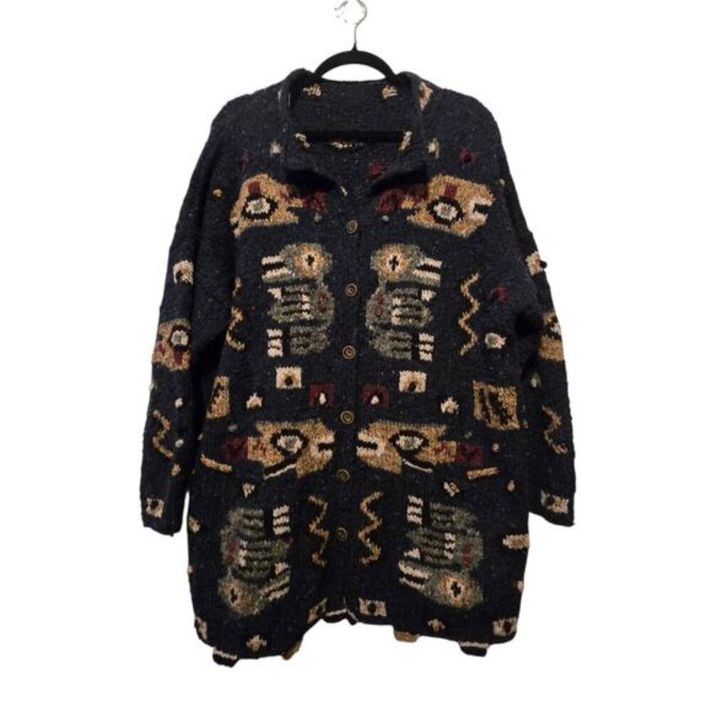 Hand Knit Tribal Cardigan Sweater Womens‎ XL Aztec Animals Fish Bobbles Handmade